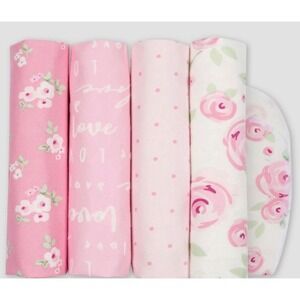 Gerber Baby Girls 4 Pack Flannel Blankets Pink Floral Rose Love Polka Dot New